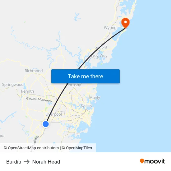 Bardia to Norah Head map