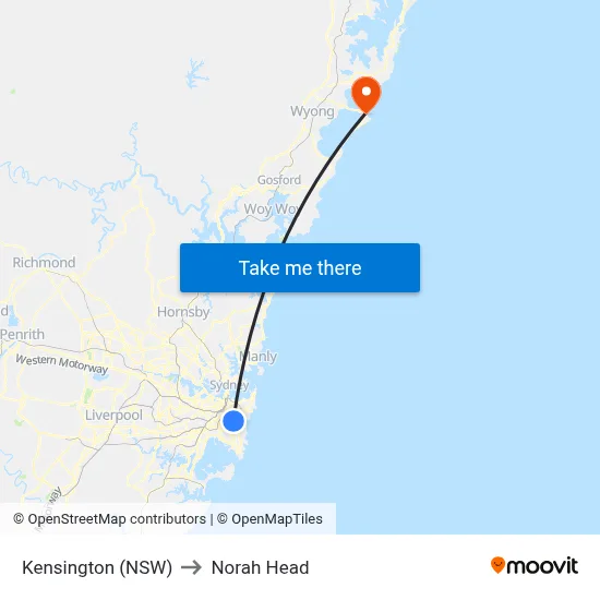 Kensington (NSW) to Norah Head map