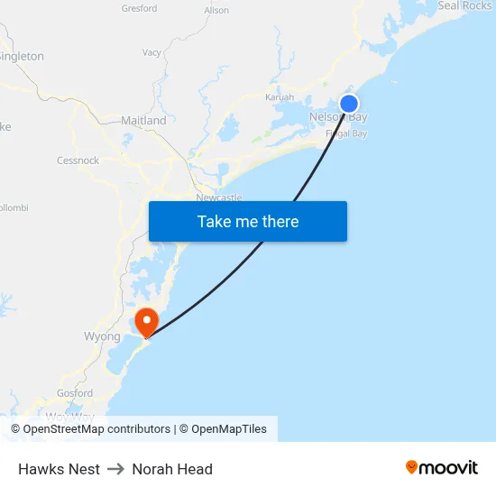 Hawks Nest to Norah Head map