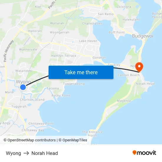 Wyong to Norah Head map