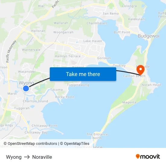 Wyong to Noraville map