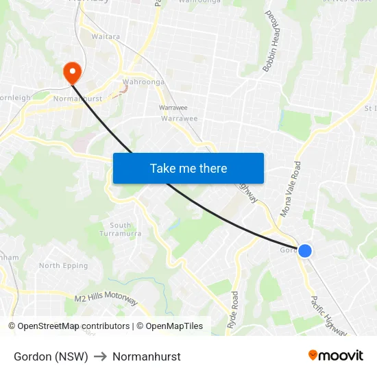 Gordon (NSW) to Normanhurst map