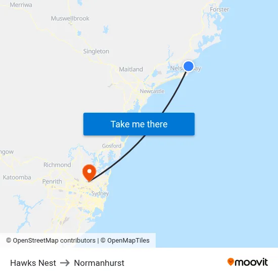 Hawks Nest to Normanhurst map