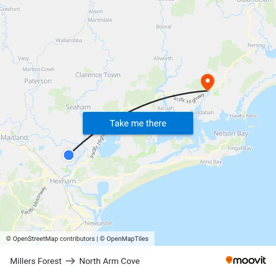 Millers Forest to North Arm Cove map