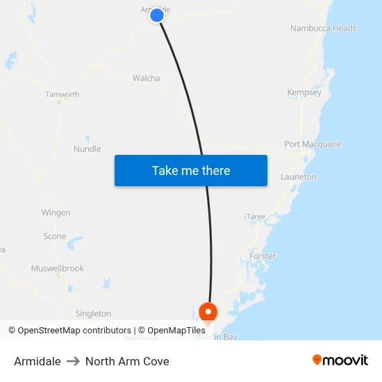 Armidale to North Arm Cove map