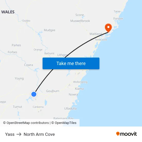 Yass to North Arm Cove map