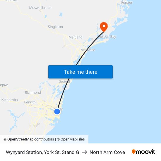 Wynyard Station, York St, Stand G to North Arm Cove map