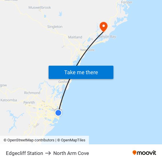 Edgecliff Station to North Arm Cove map