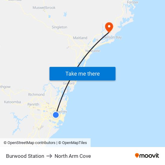 Burwood Station to North Arm Cove map