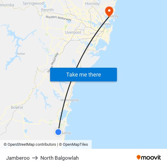 Jamberoo to North Balgowlah map