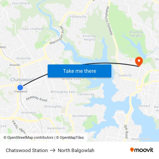 Chatswood Station to North Balgowlah map