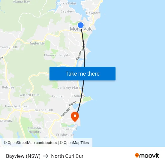 Bayview (NSW) to North Curl Curl map