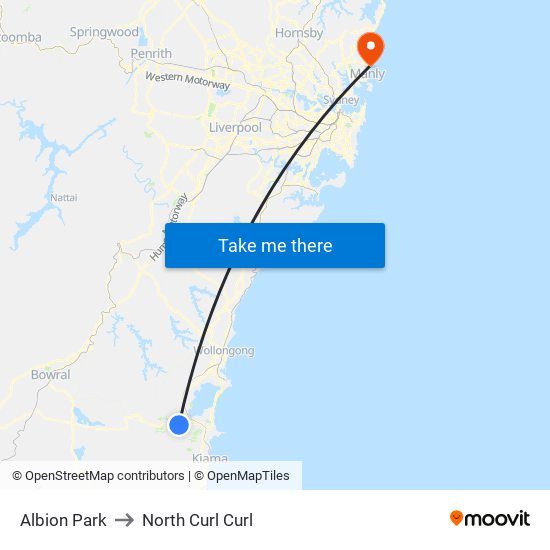 Albion Park to North Curl Curl map