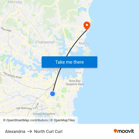 Alexandria to North Curl Curl map