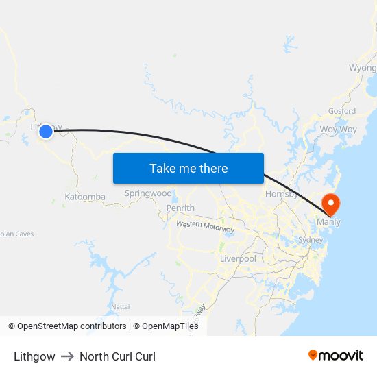 Lithgow to North Curl Curl map