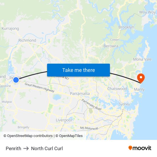 Penrith to North Curl Curl map