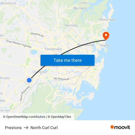 Prestons to North Curl Curl map