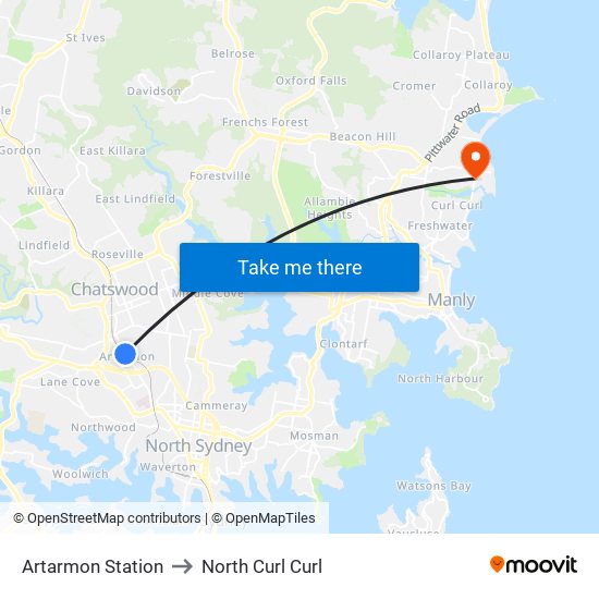 Artarmon Station to North Curl Curl map