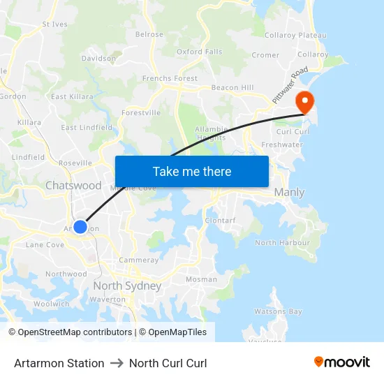 Artarmon Station to North Curl Curl map