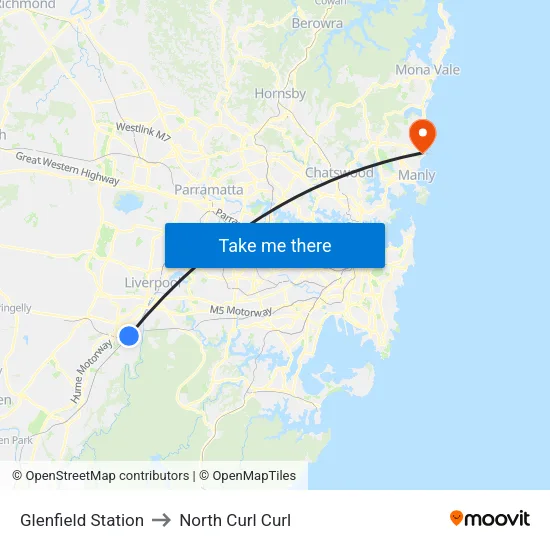 Glenfield Station to North Curl Curl map