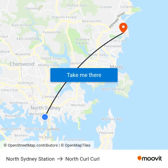 North Sydney Station to North Curl Curl map