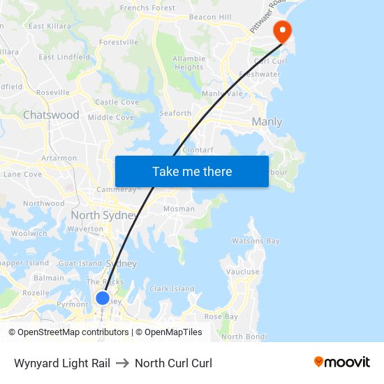 Wynyard Light Rail to North Curl Curl map