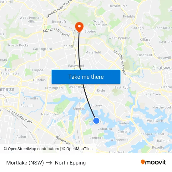 Mortlake (NSW) to North Epping map