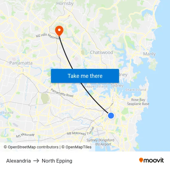 Alexandria to North Epping map