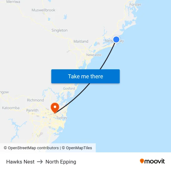 Hawks Nest to North Epping map