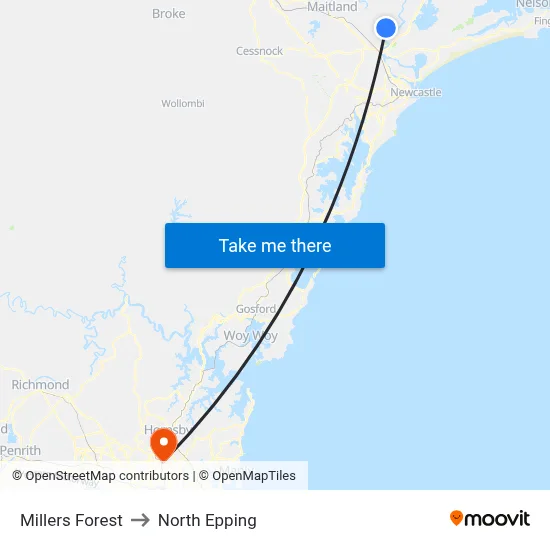 Millers Forest to North Epping map