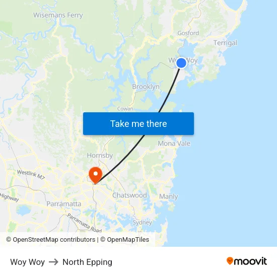 Woy Woy to North Epping map