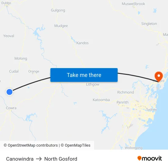 Canowindra to North Gosford map