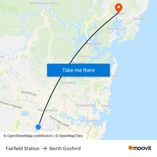 Fairfield Station to North Gosford map