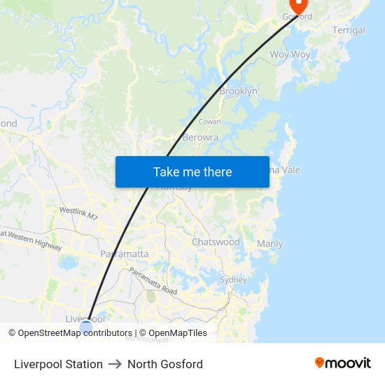 Liverpool Station to North Gosford map