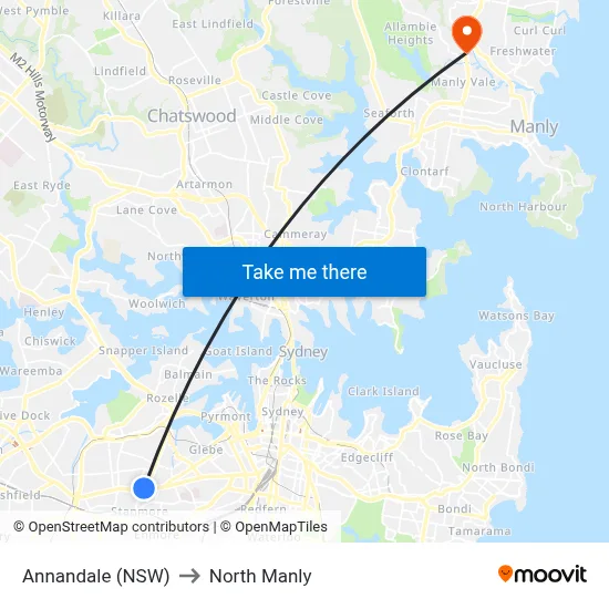 Annandale (NSW) to North Manly map