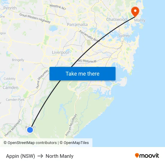 Appin (NSW) to North Manly map
