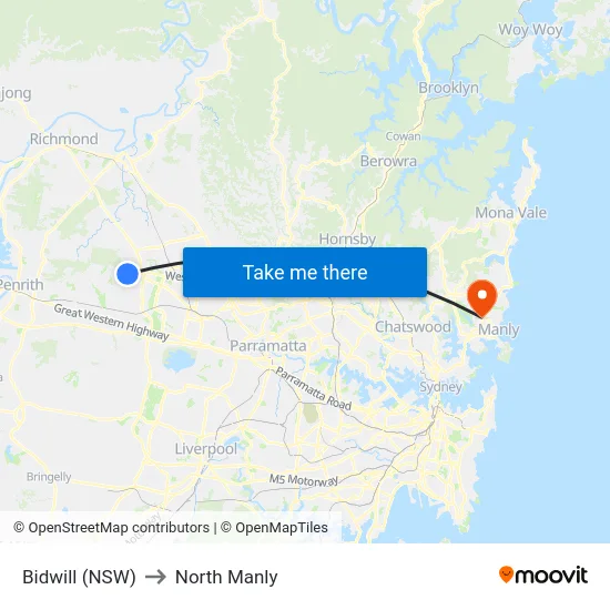 Bidwill (NSW) to North Manly map