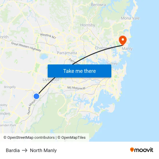 Bardia to North Manly map