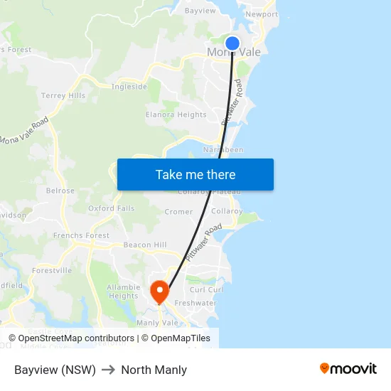 Bayview (NSW) to North Manly map