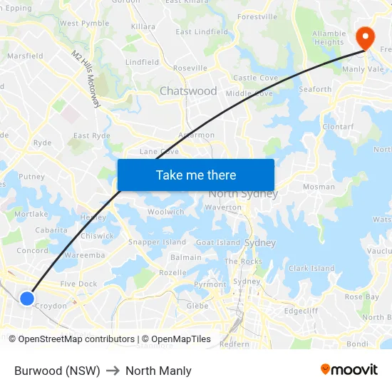Burwood (NSW) to North Manly map