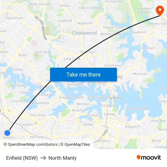Enfield (NSW) to North Manly map