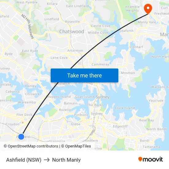 Ashfield (NSW) to North Manly map