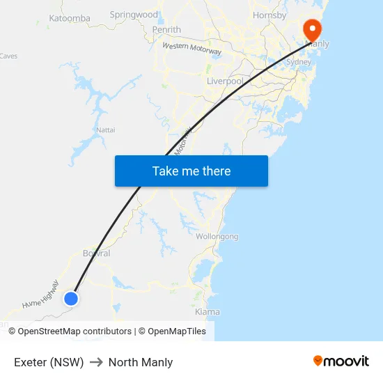 Exeter (NSW) to North Manly map