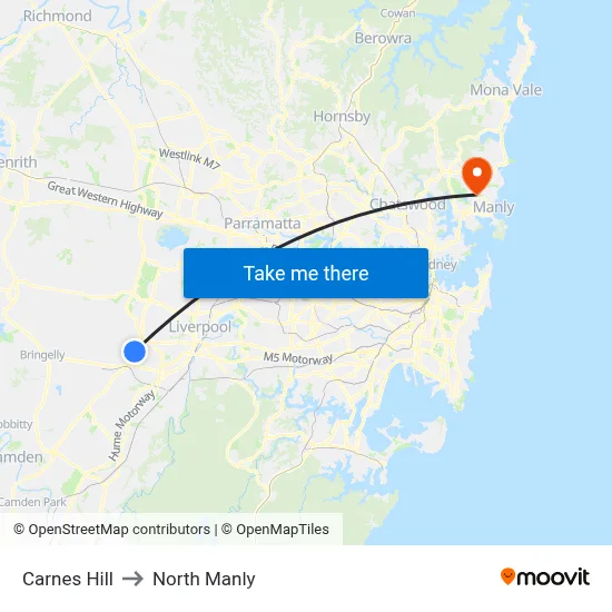 Carnes Hill to North Manly map