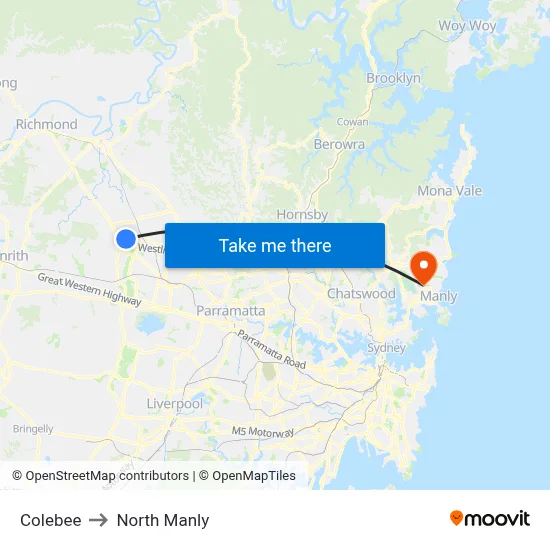 Colebee to North Manly map