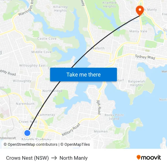 Crows Nest (NSW) to North Manly map