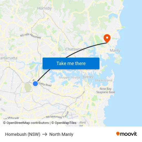 Homebush (NSW) to North Manly map