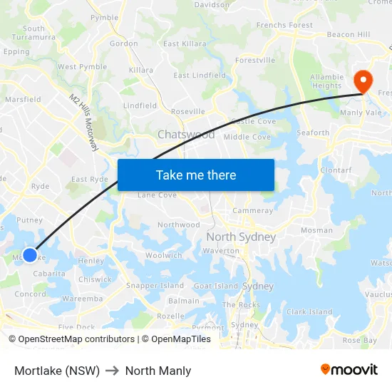 Mortlake (NSW) to North Manly map