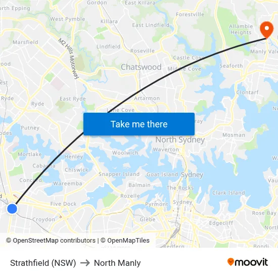 Strathfield (NSW) to North Manly map