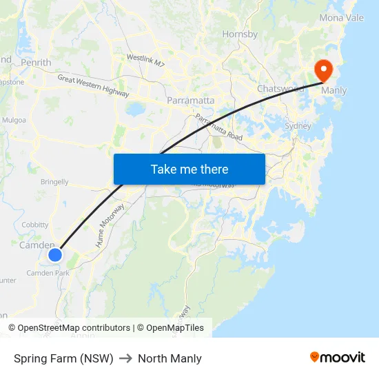 Spring Farm (NSW) to North Manly map